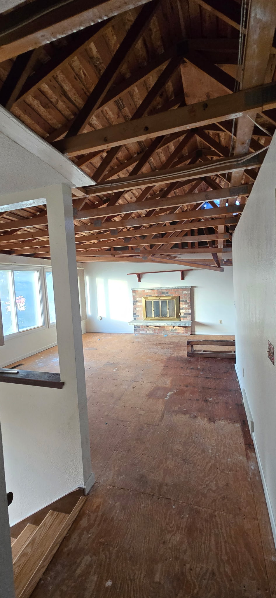 Interior demolition with exposed roof trusses